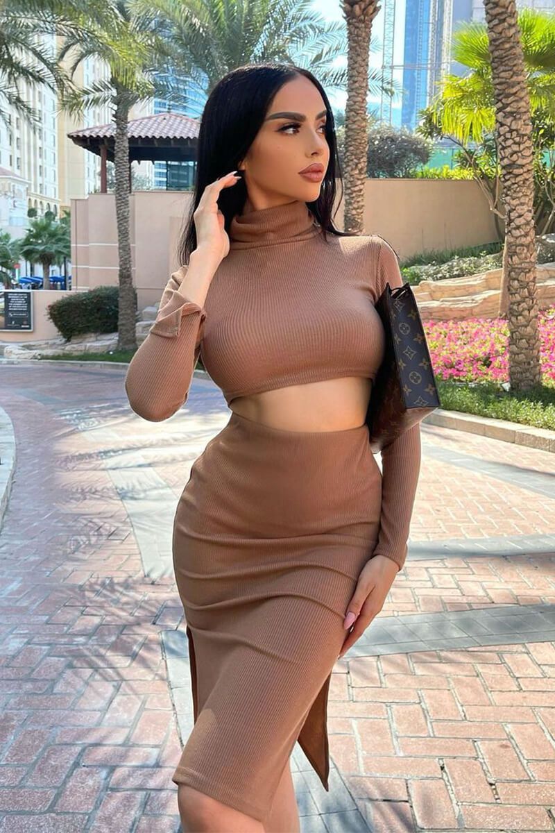 Camel Ribbed High Neck Top Skirt Co-ord - Kaili-Co-ords
