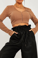 Camel Ribbed Hook Fastening Crop Top - Piper-Crop Tops
