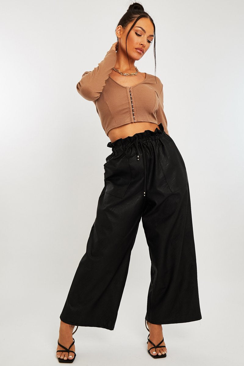Camel Ribbed Hook Fastening Crop Top - Piper-Crop Tops