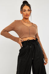 Camel Ribbed Hook Fastening Crop Top - Piper-Crop Tops