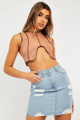 Camel Ribbed Notch Contrast Stitch Crop Top - Rinnah-Crop Tops