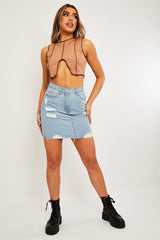 Camel Ribbed Notch Contrast Stitch Crop Top - Rinnah-Crop Tops