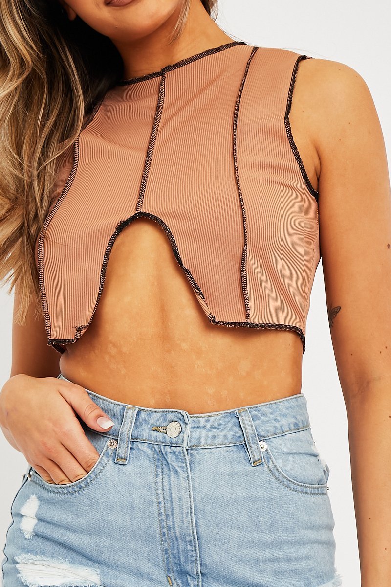 Camel Ribbed Notch Contrast Stitch Crop Top - Rinnah-Crop Tops