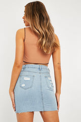 Camel Ribbed Notch Contrast Stitch Crop Top - Rinnah-Crop Tops