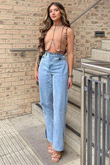 Camel Ribbed Notch Contrast Stitch Crop Top - Rinnah-Crop Tops