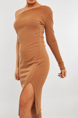 Camel Ribbed One Sleeve Midi Dress - Diona-Dresses