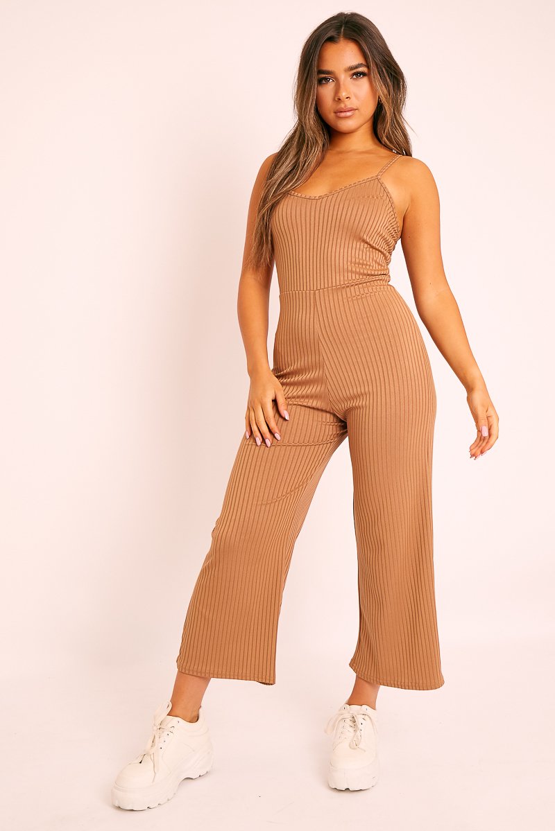 Camel Ribbed Wide Leg Jumpsuit - Elpha-Jumpsuits