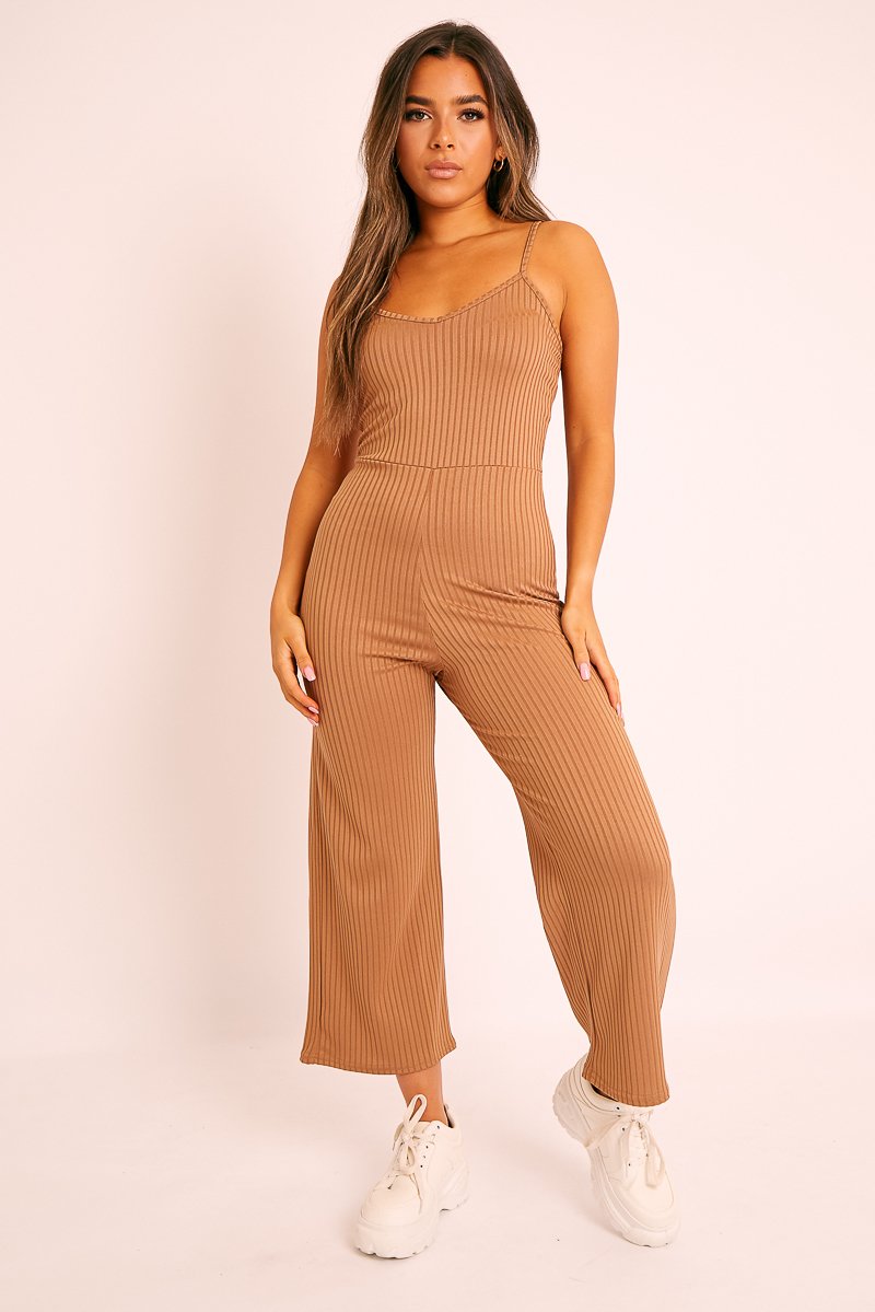 Camel Ribbed Wide Leg Jumpsuit - Elpha-Jumpsuits