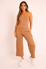 Camel Ribbed Wide Leg Jumpsuit - Elpha-Jumpsuits