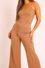 Camel Ribbed Wide Leg Jumpsuit - Elpha-Jumpsuits