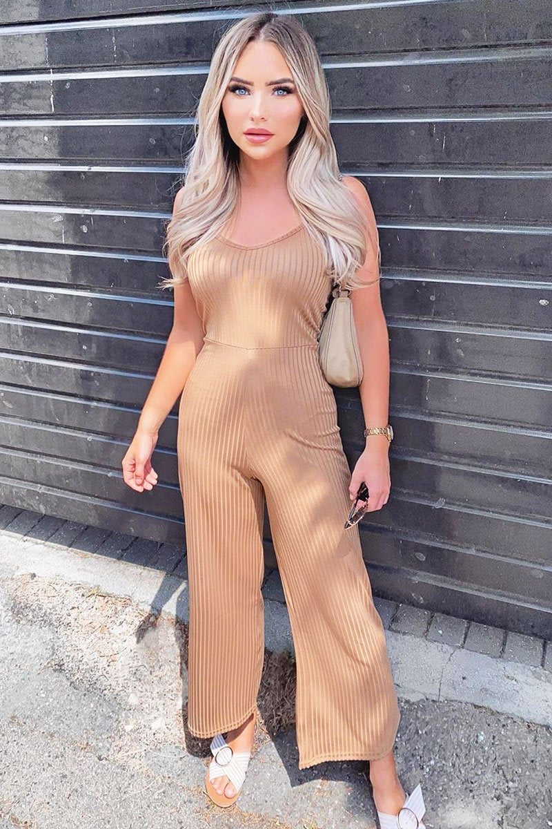 Camel Ribbed Wide Leg Jumpsuit - Elpha-Jumpsuits