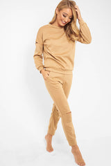 Camel Ripped Knee Cut Out Loungewear Set - Demmi-Loungewear