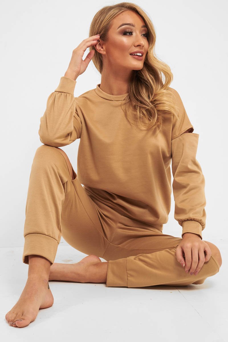 Camel Ripped Knee Cut Out Loungewear Set - Demmi-Loungewear