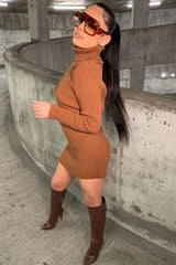 Camel Roll Neck Knit Mini Dress - Franceska-Dresses