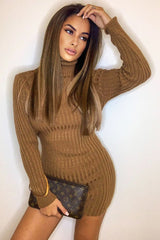 Camel Roll Neck Knit Mini Dress - Franceska-Dresses
