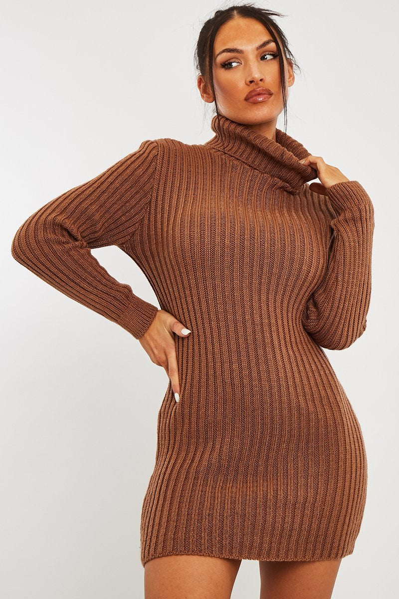 Camel Roll Neck Knit Mini Dress - Franceska-Dresses