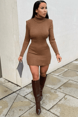 Camel Roll Neck Knit Mini Dress - Franceska-Dresses