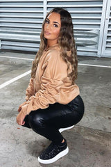 Camel Ruched Sleeve Oversized Hoodie - Dezi-Hoodies