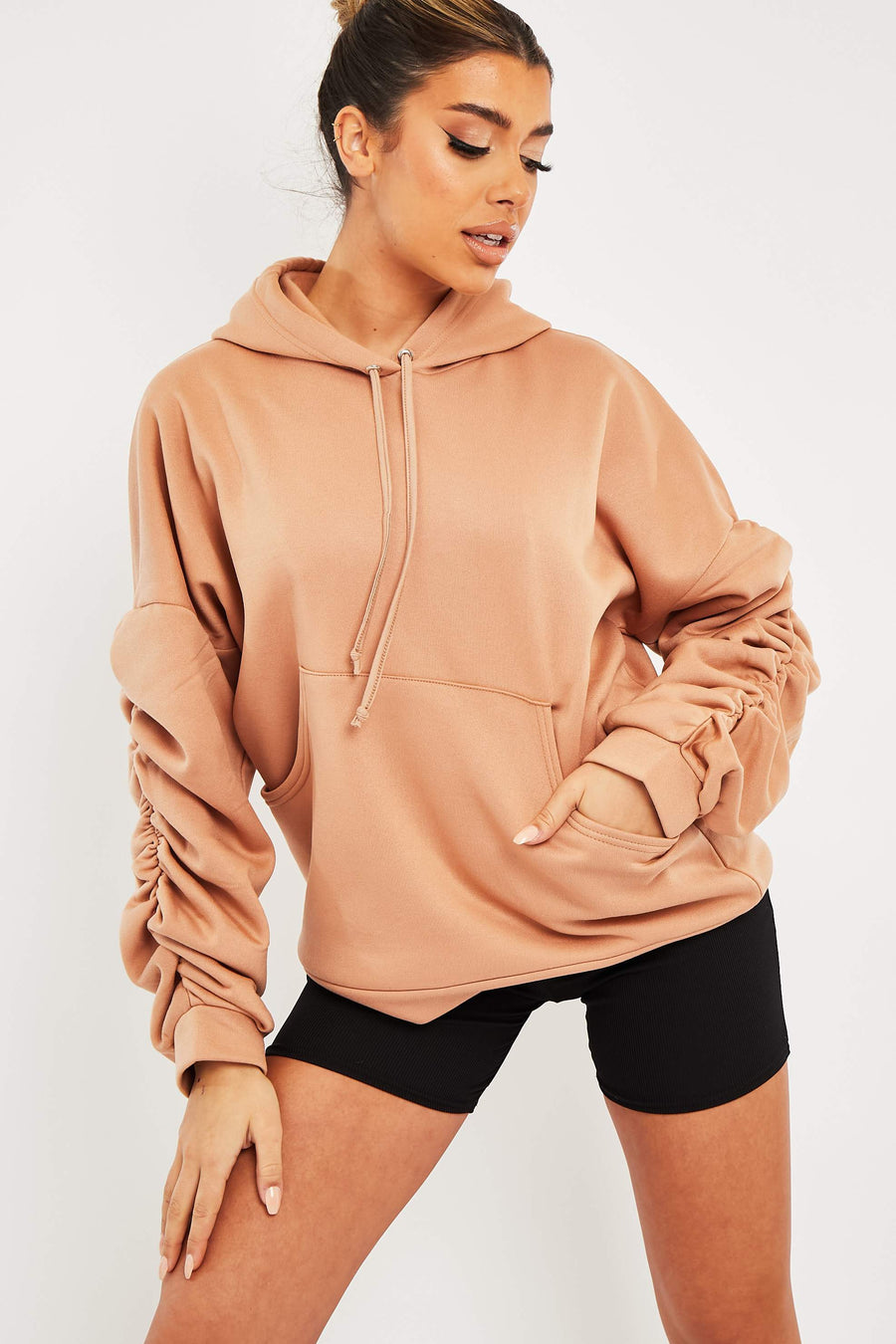 Camel Ruched Sleeve Oversized Hoodie - Dezi-Hoodies