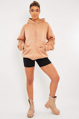Camel Ruched Sleeve Oversized Hoodie - Dezi-Hoodies