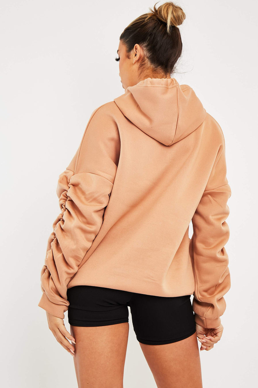 Camel Ruched Sleeve Oversized Hoodie - Dezi-Hoodies