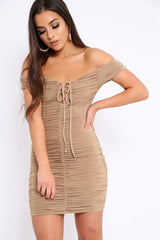 Camel Ruched Slinky Lace Up Dress - Rosina-Dresses