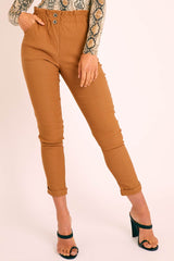 Camel Ruched Waist Tapered Leg Trousers - Lovina-Trousers