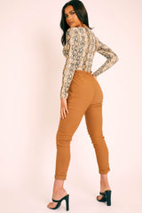 Camel Ruched Waist Tapered Leg Trousers - Lovina-Trousers