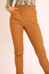 Camel Ruched Waist Tapered Leg Trousers - Lovina-Trousers