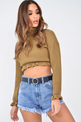 Camel Ruffle Hem Chunky Knit Crop Jumper - Alannah-Crop Jumper