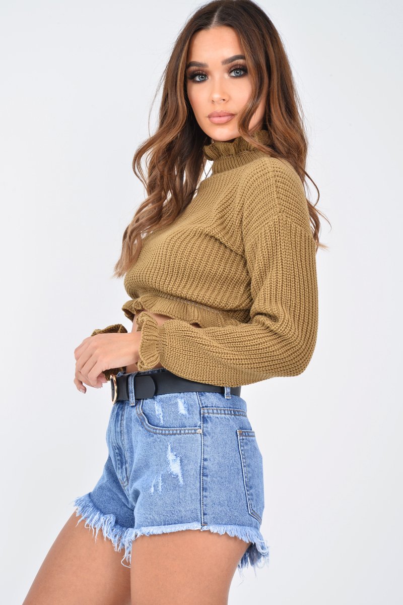 Camel Ruffle Hem Chunky Knit Crop Jumper - Alannah-Crop Jumper