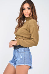 Camel Ruffle Hem Chunky Knit Crop Jumper - Alannah-Crop Jumper