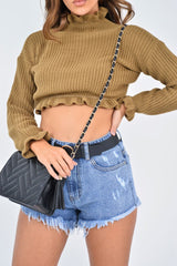Camel Ruffle Hem Chunky Knit Crop Jumper - Alannah-Crop Jumper