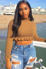 Camel Ruffle Hem Chunky Knit Crop Jumper - Alannah-Crop Jumper