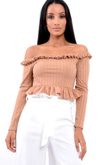Camel Ruffle Hem Ribbed Bardot Crop Top - Kaitlyn-Crop Tops