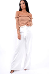 Camel Ruffle Hem Ribbed Bardot Crop Top - Kaitlyn-Crop Tops