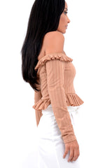 Camel Ruffle Hem Ribbed Bardot Crop Top - Kaitlyn-Crop Tops