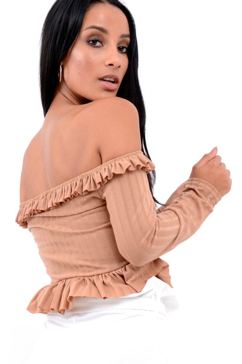 Camel Ruffle Hem Ribbed Bardot Crop Top - Kaitlyn-Crop Tops