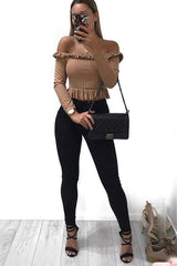 Camel Ruffle Hem Ribbed Bardot Crop Top - Kaitlyn-Crop Tops