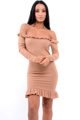 Camel Ruffle Hem Ribbed Bardot Mini Dress - Destiny-Dresses
