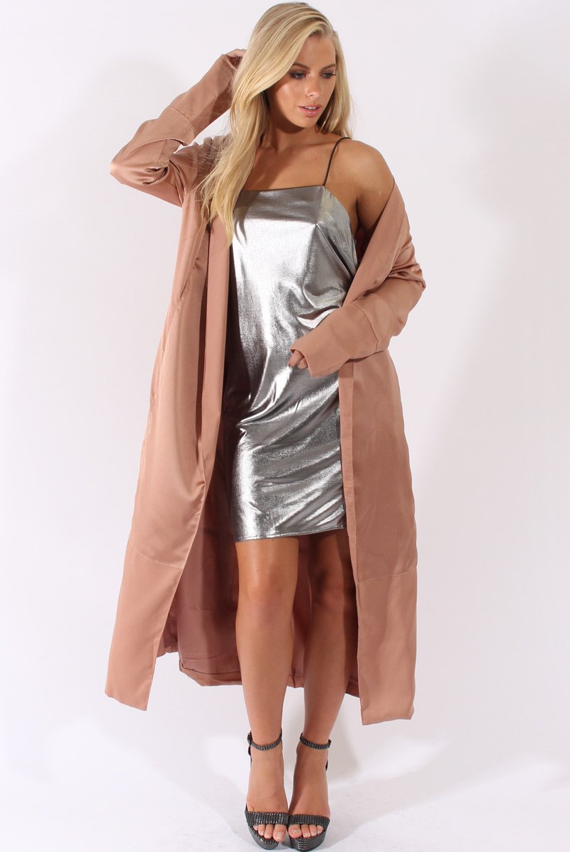 Camel Satin Belted Duster Jacket - Candice-Jackets