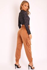 Camel Satin Belted Utility Pocket Double Buttoned Trousers - Una-Trousers