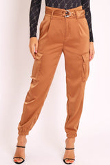 Camel Satin Belted Utility Pocket Double Buttoned Trousers - Una-Trousers