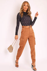 Camel Satin Belted Utility Pocket Double Buttoned Trousers - Una-Trousers