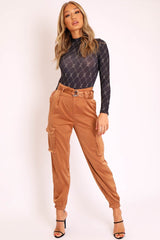Camel Satin Belted Utility Pocket Double Buttoned Trousers - Una-Trousers