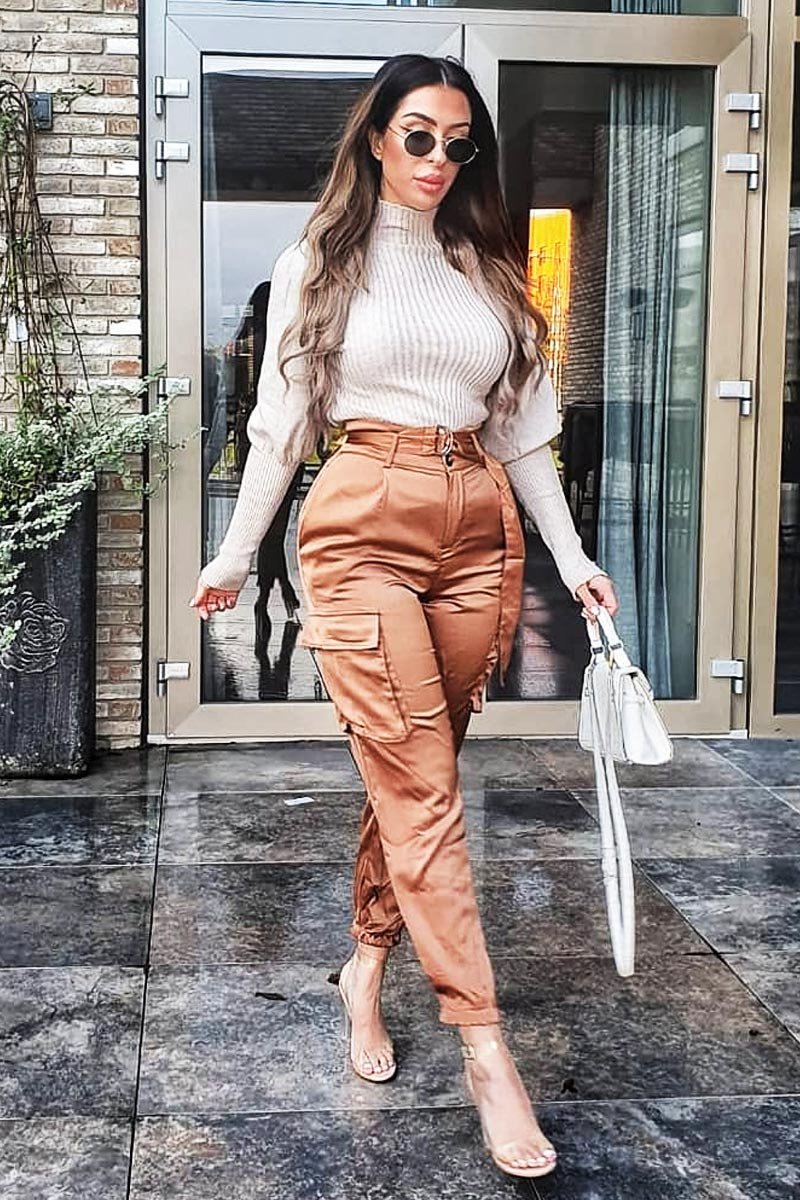 Camel Satin Belted Utility Pocket Double Buttoned Trousers - Una-Trousers