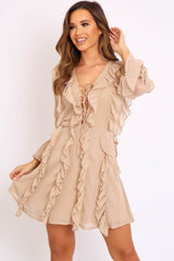 Camel Sheer Ruffle Lace Front Dress - Loise-Dresses