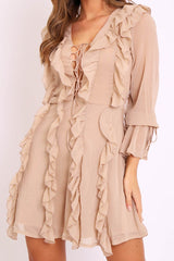 Camel Sheer Ruffle Lace Front Dress - Loise-Dresses