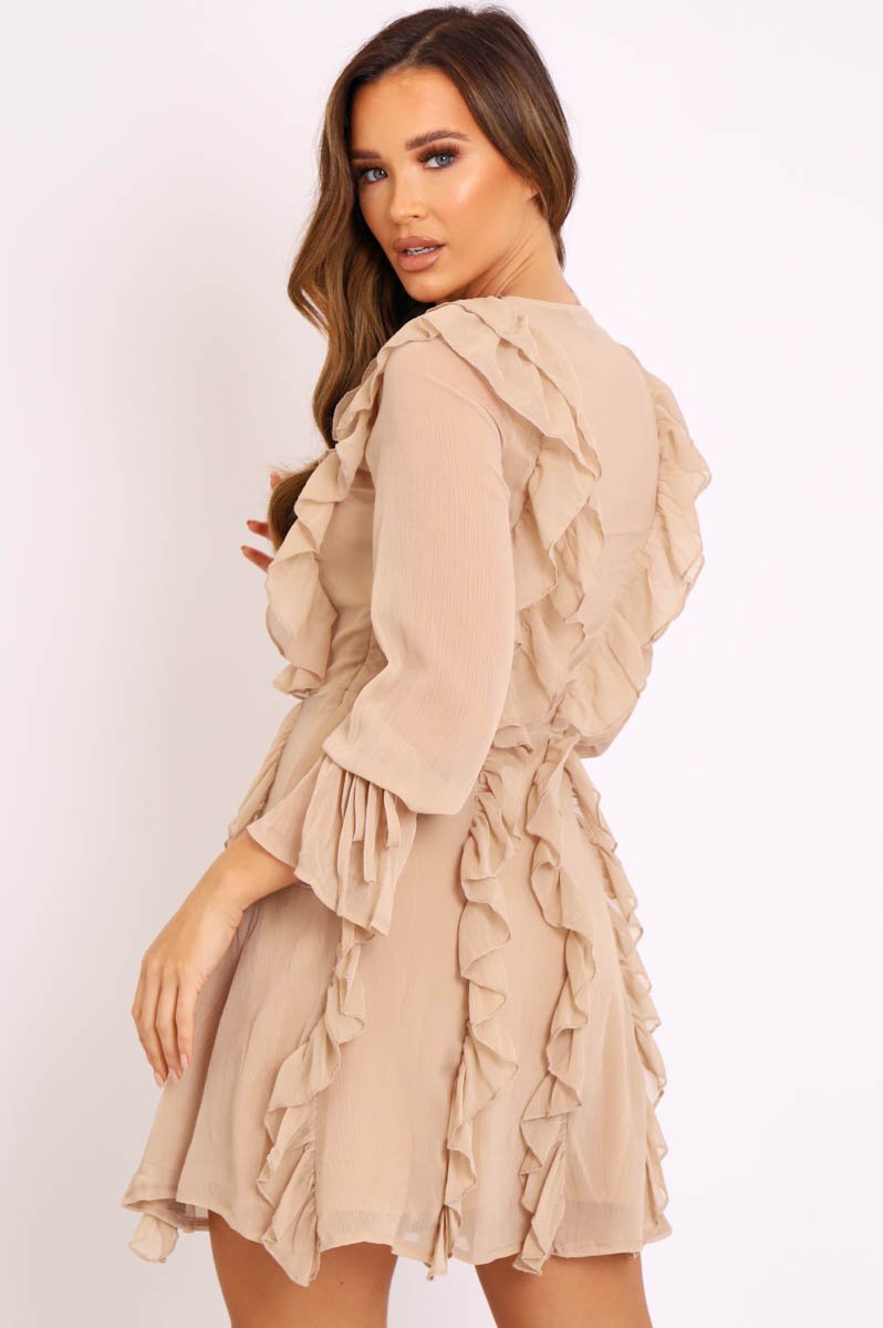 Camel Sheer Ruffle Lace Front Dress - Loise-Dresses