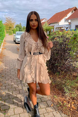 Camel Sheer Ruffle Lace Front Dress - Loise-Dresses